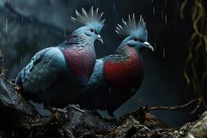 une couple de victoria couronné Pigeon permanent dans petit racine dans pluie tomber photo