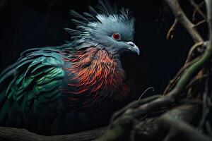 mystique portrait de nicobar Pigeon permanent dans petit racine dans studio, photo