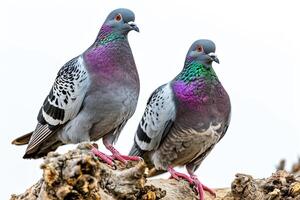 une couple pigeons permanent sur petit racine, blanc copie espace sur droite photo