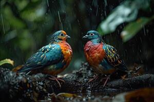 une couple de fruit Colombe permanent dans petit racine dans pluie tomber photo