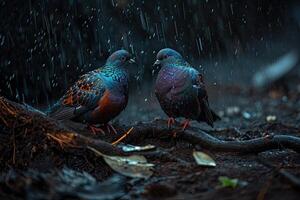 une couple de columba livie domestica permanent dans petit racine dans pluie tomber photo