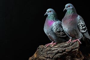 une couple pigeons permanent sur petit racine, copie espace sur droite photo