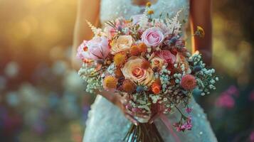 la mariée en portant bouquet de fleurs photo