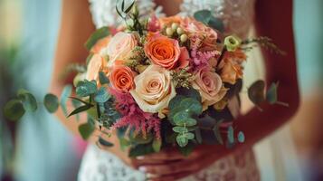 une la mariée en portant une bouquet de fleurs photo