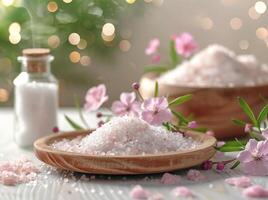 en bois cuillère et bol de blanc fleurs sur table photo