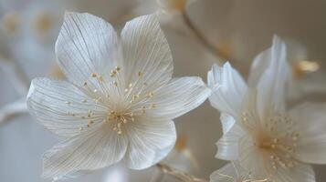 deux blanc fleurs proche en haut sur floue Contexte photo