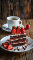 la dégustation fraise et Chocolat gâteau avec des fraises sur une blanc assiette photo