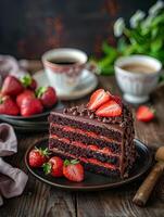 une tranche de fraise Chocolat gâteau sur le table photo