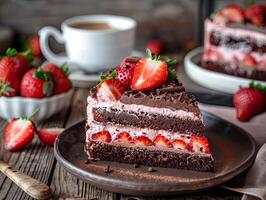 une tranche de fraise Chocolat gâteau sur le table photo