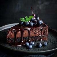 photo de une tranche de double Chocolat fromage gâteau avec myrtilles et Frais menthe