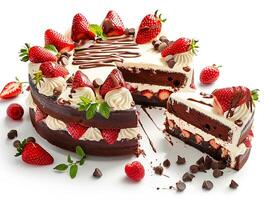 réaliste photo de un élégant Chocolat gâteau avec crème et des fraises