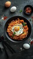 coréen style épais nouilles avec kewpie et chaud sauce photo