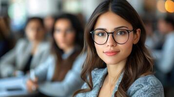 femme dans des lunettes de premier plan groupe photo