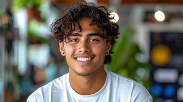 souriant Jeune homme avec frisé cheveux photo