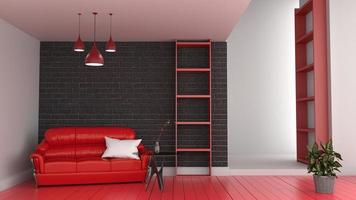 intérieur de la chambre rouge moderne, salon avec canapé rouge et sol rouge en rendu 3d du mur de briques noires photo