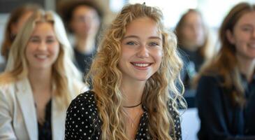 souriant femme avec blond cheveux à un intérieur un événement photo