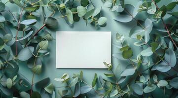 blanc carte maquette entouré par eucalyptus feuilles sur vert Contexte photo