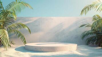 minimaliste tropical plage podium avec paume feuille ombres sur une blanc toile de fond. été vitrine et produit afficher concept avec copie espace. 3d illustration pour affiche conception. photo