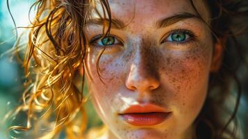 ai généré fermer de une Jeune femme avec taches de rousseur et intense bleu yeux. macro beauté portrait avec une concentrer sur yeux. photo