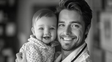 homme en portant une bébé dans le sien bras photo