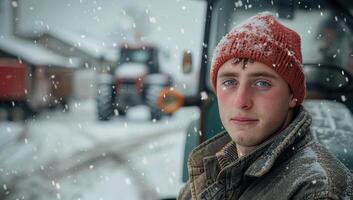 homme permanent dans de face de tracteur dans neige photo