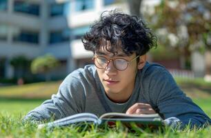 Jeune homme en train de lire livre pose dans herbe photo