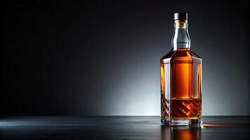 une bouteille de whisky et une verre sur une foncé Contexte photo