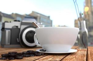 tasse à café et grain de café, appareil photo et vase sur table en bois. rendu 3D