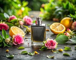 une bouteille de parfum entouré par des roses et citrons photo