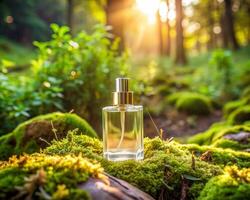 une parfum bouteille dans le milieu de une forêt photo