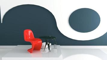 salon avec fauteuil rouge et vase sur fond de mur bleu foncé et blanc, rendu 3d photo