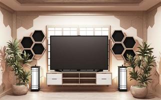 meuble en bois style japonais et tv sur meuble en bois dans chambre style japonais et étagère hexagonale en bois sur mur.3d rednering photo