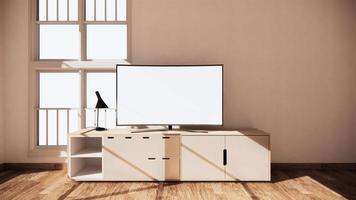 smart tv led sur la conception de l'armoire, fond de mur blanc de la pièce minimale. rendu 3D