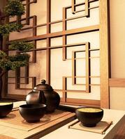 thé vert matcha, fouet en bambou, cuillère et poudre de thé dans une table basse sur tatami. rendu 3D photo