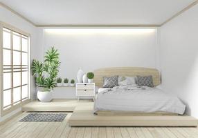 Chambre à coucher hôtel en bois design zen japonais avec lumière cachée sur fond de mur blanc. rendu 3d photo