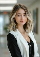 femme avec blond cheveux et blanc veste photo