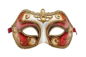 élégant vénitien masque avec fleuri or détails et rouge tissu, isolé sur une blanc arrière-plan, idéal pour carnaval, mascarade des soirées, et théâtral événements photo