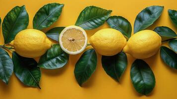 groupe de citrons avec feuilles sur Jaune Contexte photo