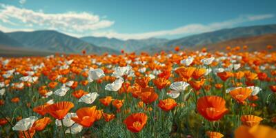 champ de Orange fleurs en dessous de bleu ciel photo