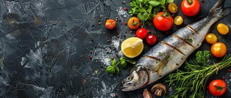 brut poisson entouré par Frais des légumes et herbes photo