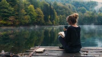 femme séance sur Dock en train de lire livre photo