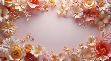 papier fleurs arrangé dans une cercle sur rose Contexte photo