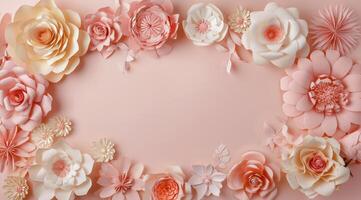 papier fleurs arrangé dans une cercle sur rose Contexte photo