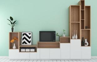 étagère de télévision dans le style tropical moderne de la salle à la menthe - intérieur de la pièce vide - design minimaliste. rendu 3D photo