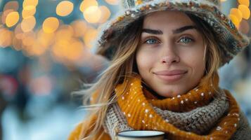 femme portant chapeau et écharpe en portant tasse de café photo