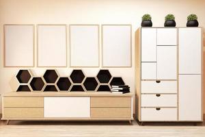 conception en bois de l'armoire et étagère hexagonale sur le mur dans la pièce maquette minimale.rendu 3d photo