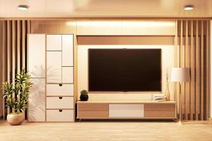 Smart tv sur le mur et le meuble design de style japonais en bois dans la chambre minimal.3d rednering photo