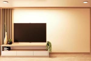 Smart tv sur le mur et le meuble design de style japonais en bois dans la chambre minimal.3d rednering photo