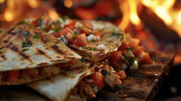 ces coin du feu Quesadillas sont une savoureux torsion sur une clic mexicain plat avec couches de fondu queso blanco juteux en dés tomates et votre choix de soumissionner poulet ou sarriette por photo