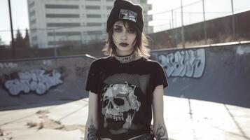 une déchiré bande T-shirt en couches plus de une résille Haut et stylé avec combat bottes et une bonnet. le Urbain réglage de une fatigué patin parc ajoute à le grunge esthétique photo